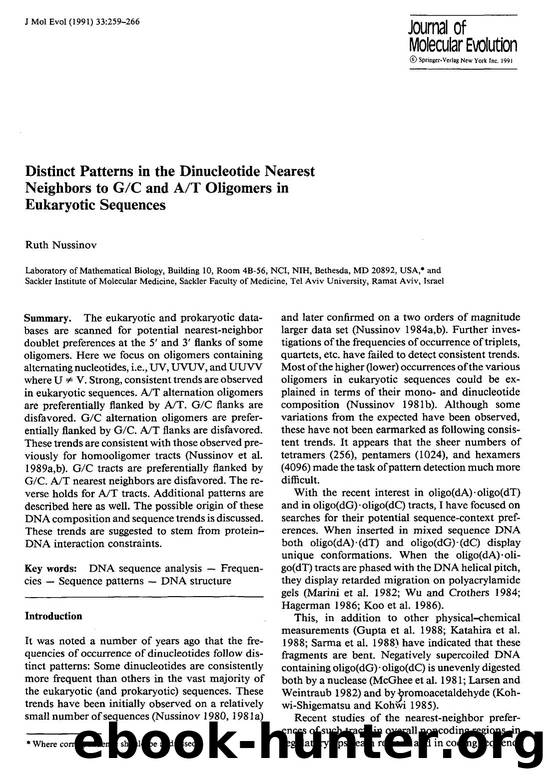 Distinct patterns in the dinucleotide nearest neighbors to GC and AT oligomers in eukaryotic sequences by Unknown