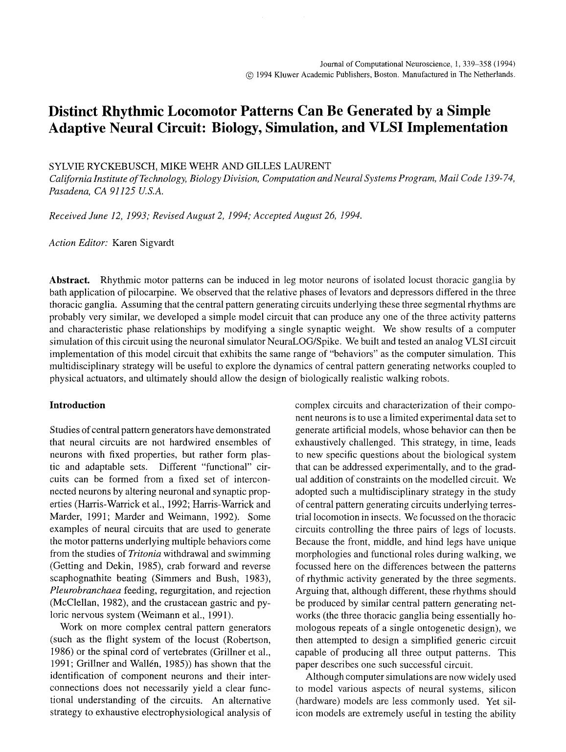Distinct rhythmic locomotor patterns can be generated by a simple adaptive neural circuit: Biology, simulation, and VLSI implementation by Unknown