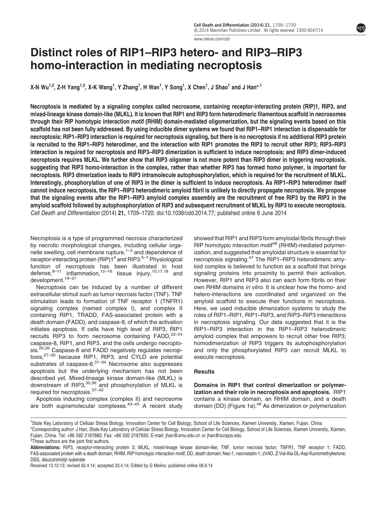 Distinct roles of RIP1&ndash;RIP3 hetero- and RIP3&ndash;RIP3 homo-interaction in mediating necroptosis by X-N Wu & Z-H Yang & X-K Wang & Y Zhang & H Wan & Y Song & X Chen & J Shao & J Han