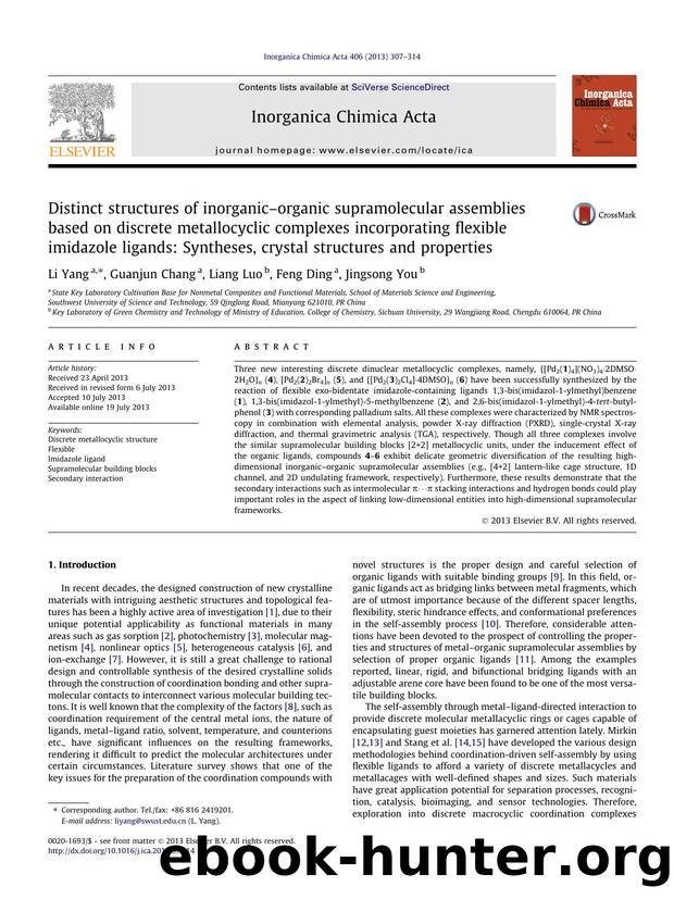 Distinct structures of inorganicÃ¢â¬âorganic supramolecular assemblies based on discrete metallocyclic complexes incorporating flexible imidazole ligands: Syntheses, crystal str by Li Yang & Guanjun Chang & Liang Luo & Feng Ding & Jingsong You