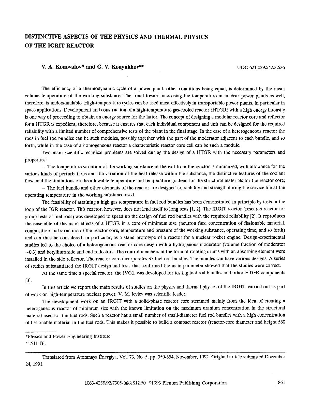 Distinctive aspects of the physics and thermal physics of the igrit reactor by Unknown