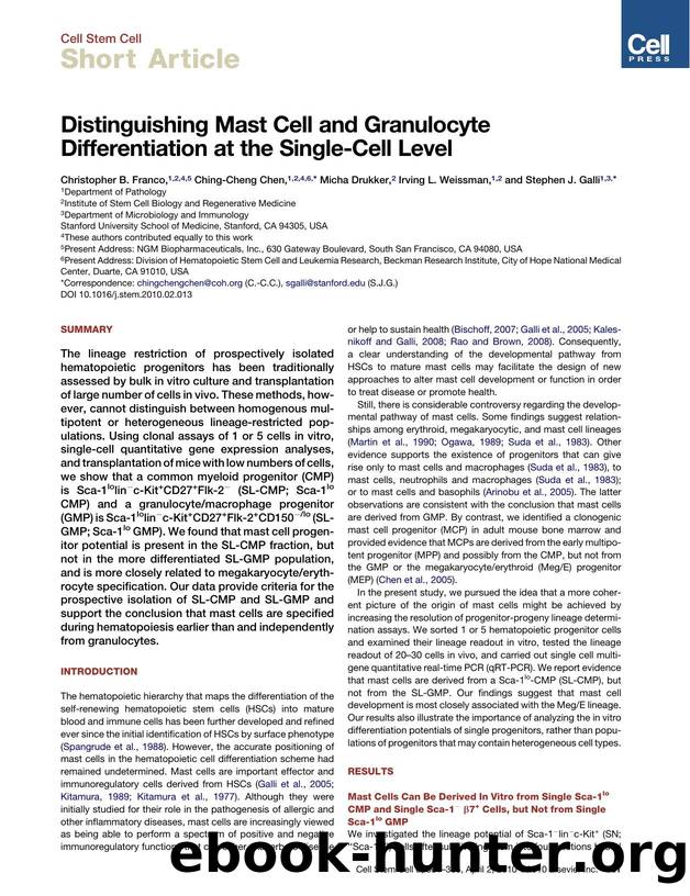 Distinguishing Mast Cell and Granulocyte Differentiation at the Single-Cell Level by Christopher B. Franco; Ching-Cheng Chen; Micha Drukker; Irving L. Weissman; Stephen J. Galli