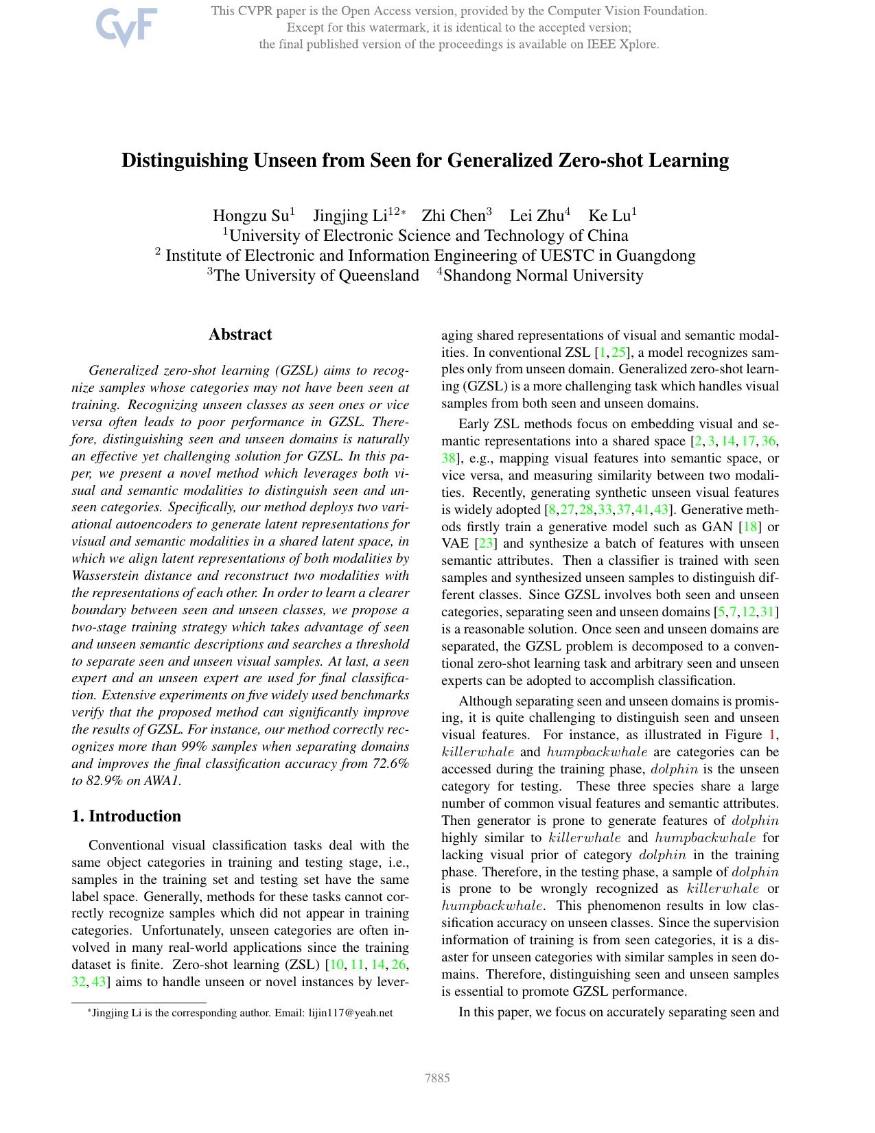 Distinguishing Unseen From Seen for Generalized Zero-Shot Learning by Hongzu Su & Jingjing Li & Zhi Chen & Lei Zhu & Ke Lu