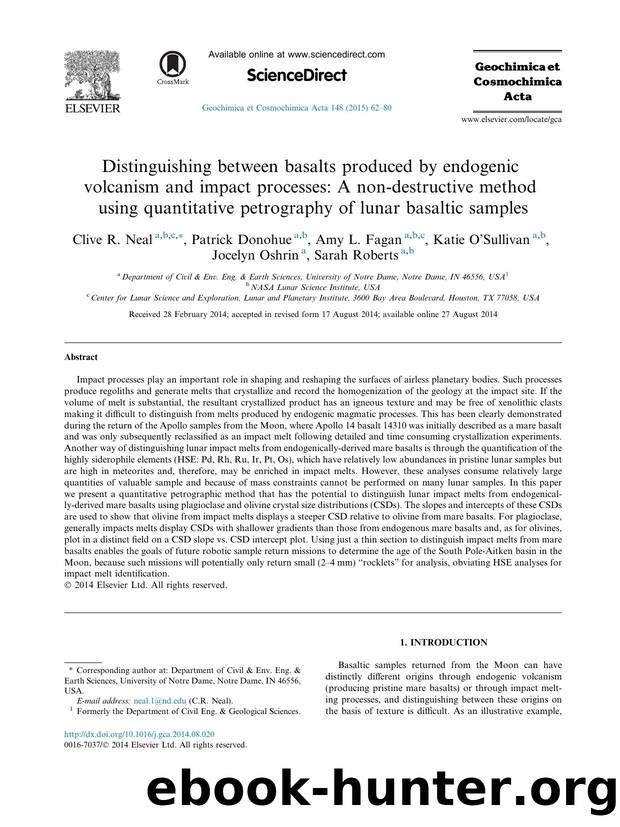 Distinguishing between basalts produced by endogenic volcanism and impact processes: A non-destrwuctive method using quantitative petrography of lunar basaltic samples by Clive R. Neal & Patrick Donohue & Amy L. Fagan & Katie O’Sullivan & Jocelyn Oshrin & Sarah Roberts