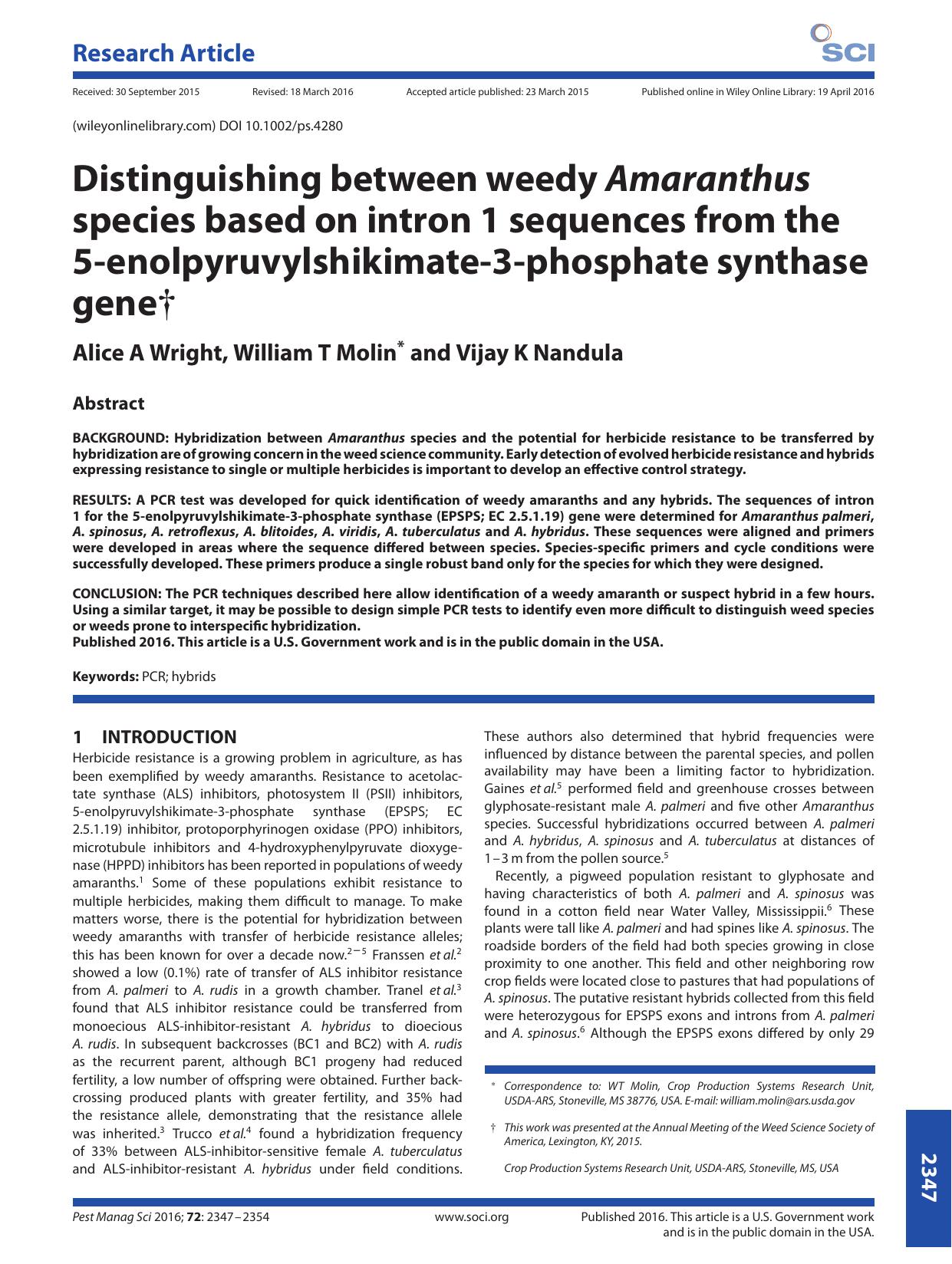Distinguishing between weedy Amaranthus species based on intron 1 sequences from the 5-enolpyruvylshikimate-3-phosphate synthase geneÃ¢â¬Â  by Unknown