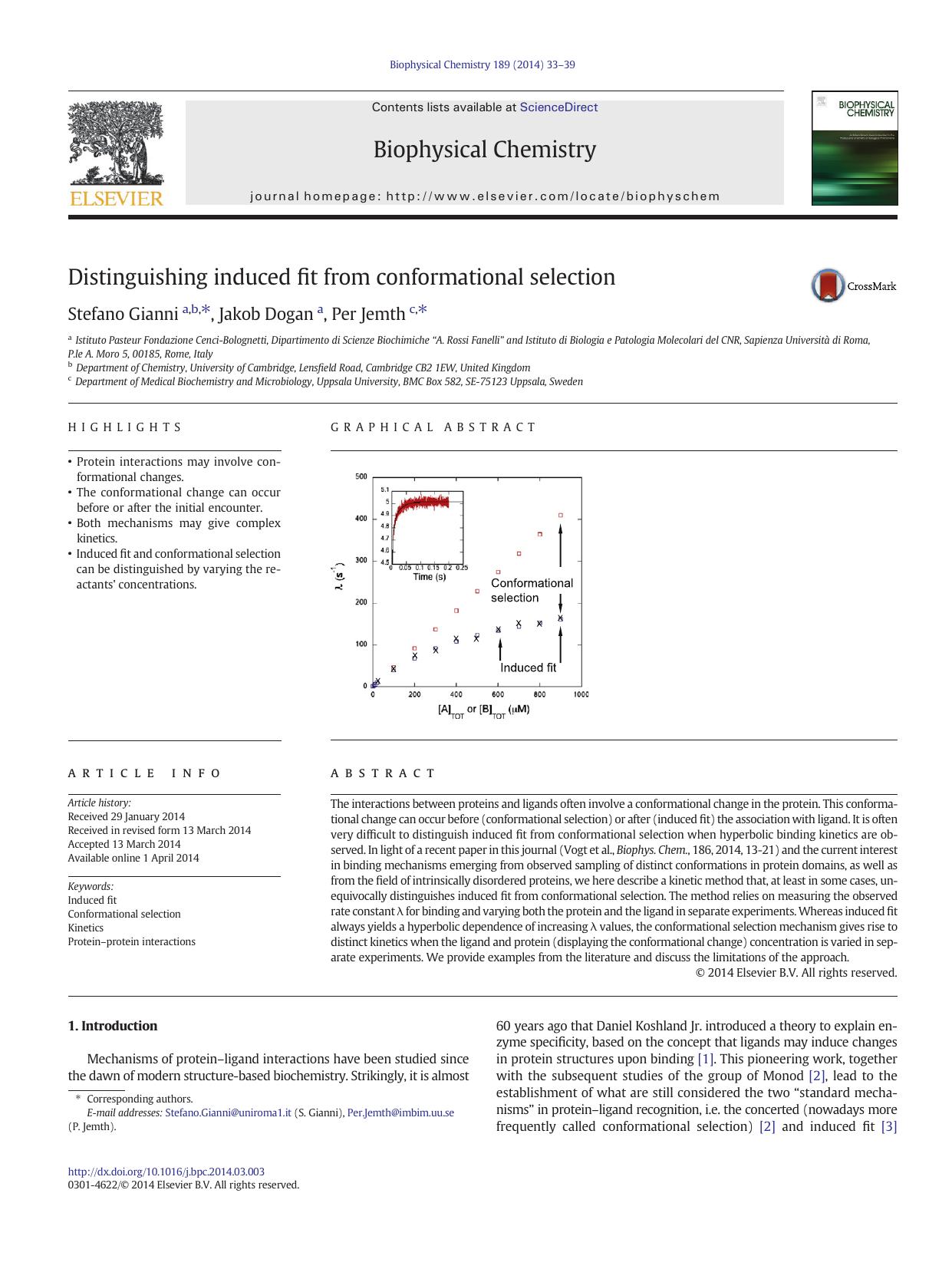 Distinguishing induced fit from conformational selection by Stefano Gianni & Jakob Dogan & Per Jemth