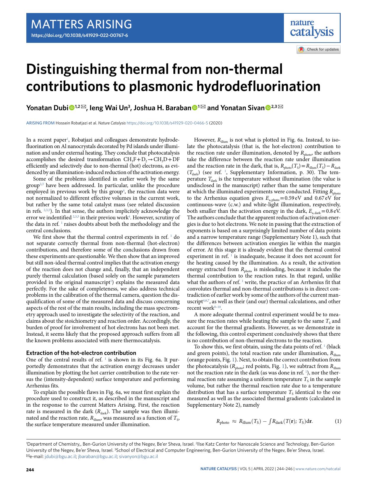 Distinguishing thermal from non-thermal contributions to plasmonic hydrodefluorination by Yonatan Dubi & Ieng Wai Un & Joshua H. Baraban & Yonatan Sivan