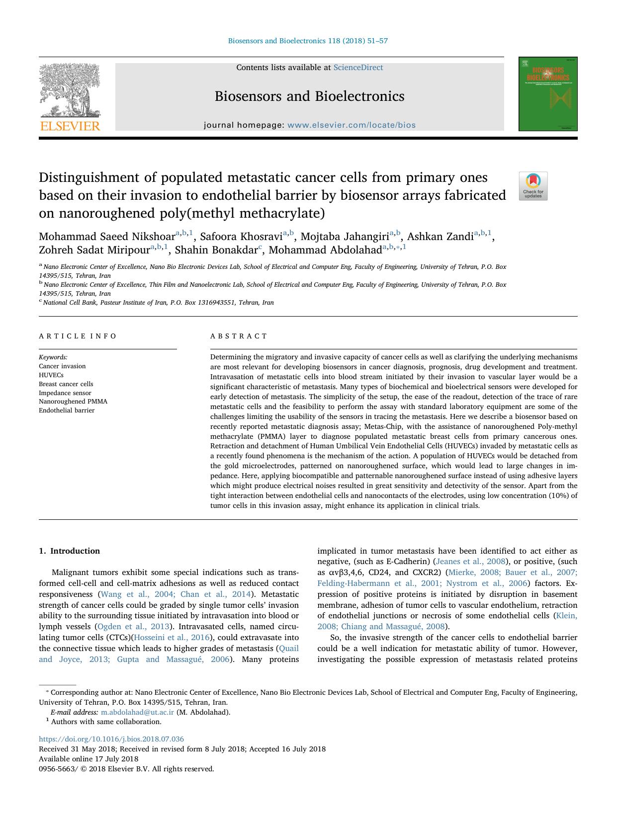 Distinguishment of populated metastatic cancer cells from primary ones based on their invasion to endothelial barrier by biosensor arrays fabricated on nanoroughened poly(methyl methacrylate) by unknow