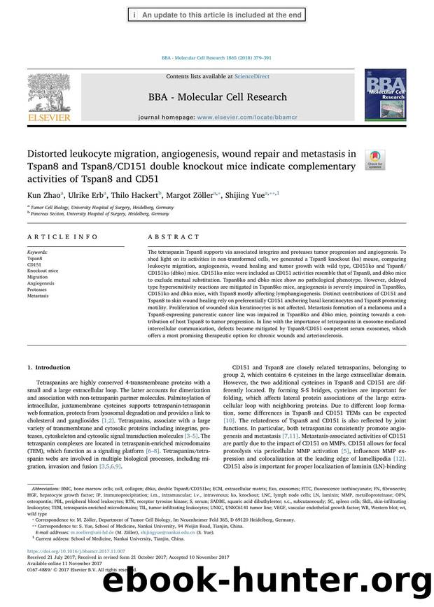 Distorted leukocyte migration, angiogenesis, wound repair and metastasis in Tspan8 and Tspan8CD151 double knockout mice indicate complementary activities of Tspan8 and CD51 by Kun Zhao & Ulrike Erb & Thilo Hackert & Margot Zöller & Shijing Yue