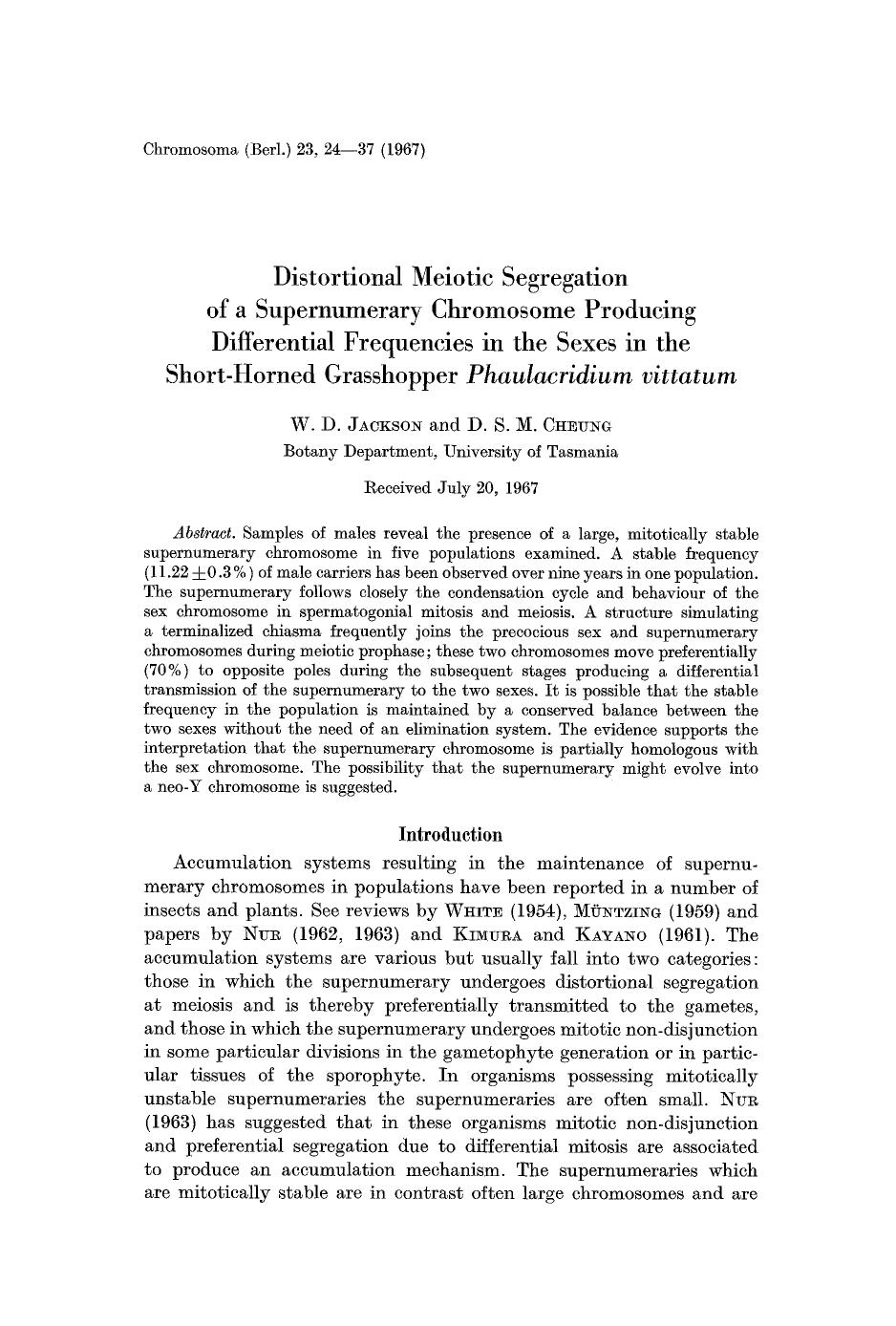 Distortional meiotic segregation of a supernumerary chromosome producing differential frequencies in the sexes in the short-horned grasshopper <Emphasis Type="Italic">Phaulacridium vittatum<Emphasis> by Unknown