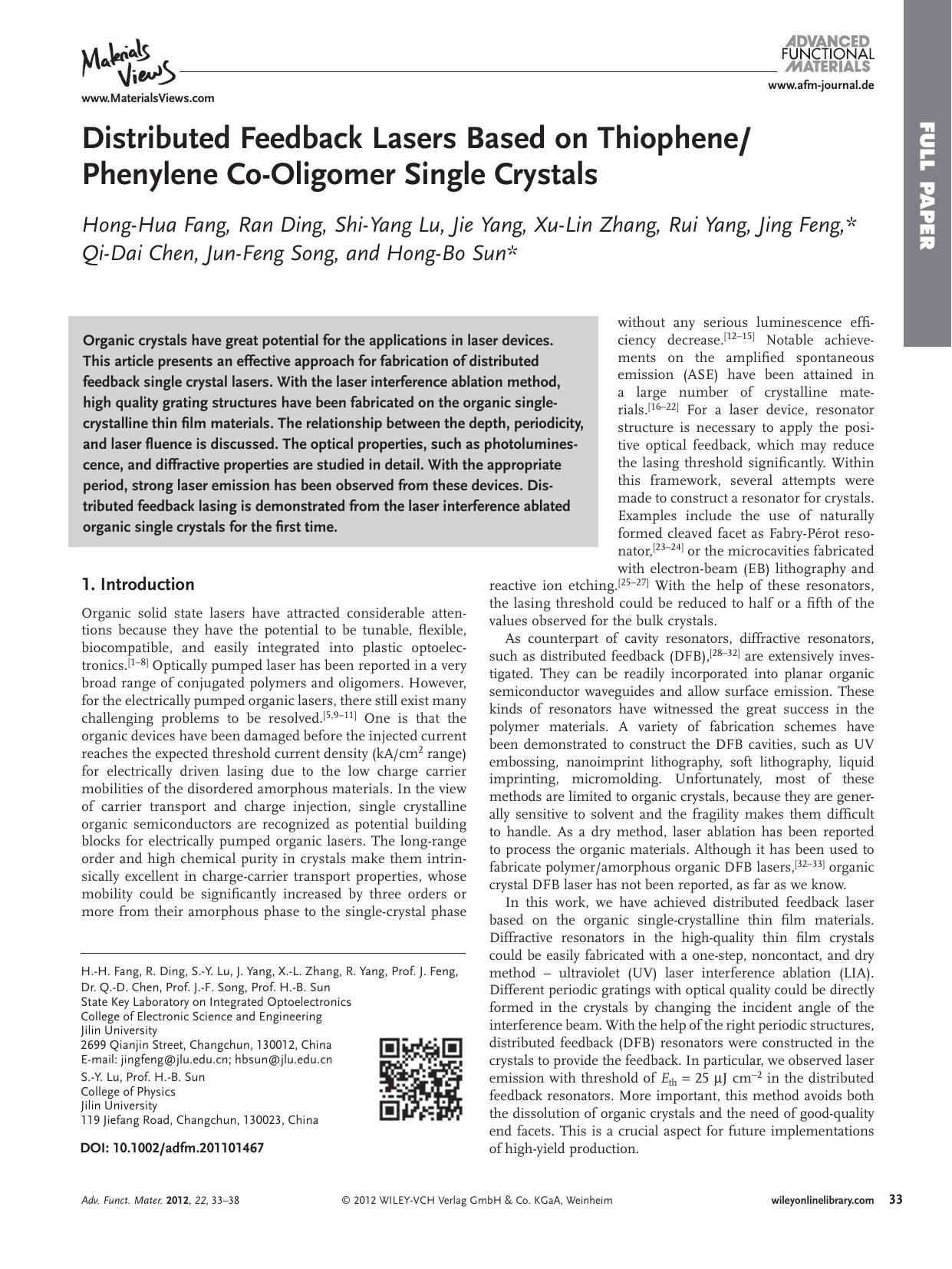 Distributed Feedback Lasers Based on ThiophenePhenylene CoOligomer Single Crystals by Unknown
