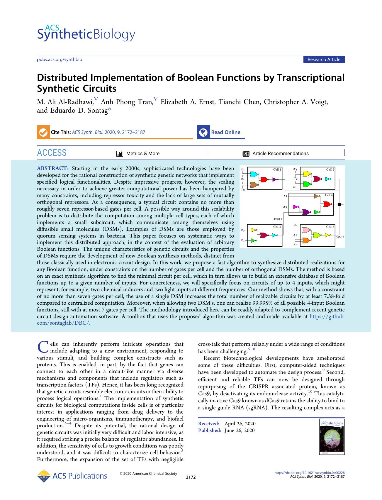 Distributed Implementation of Boolean Functions by Transcriptional Synthetic Circuits by unknow