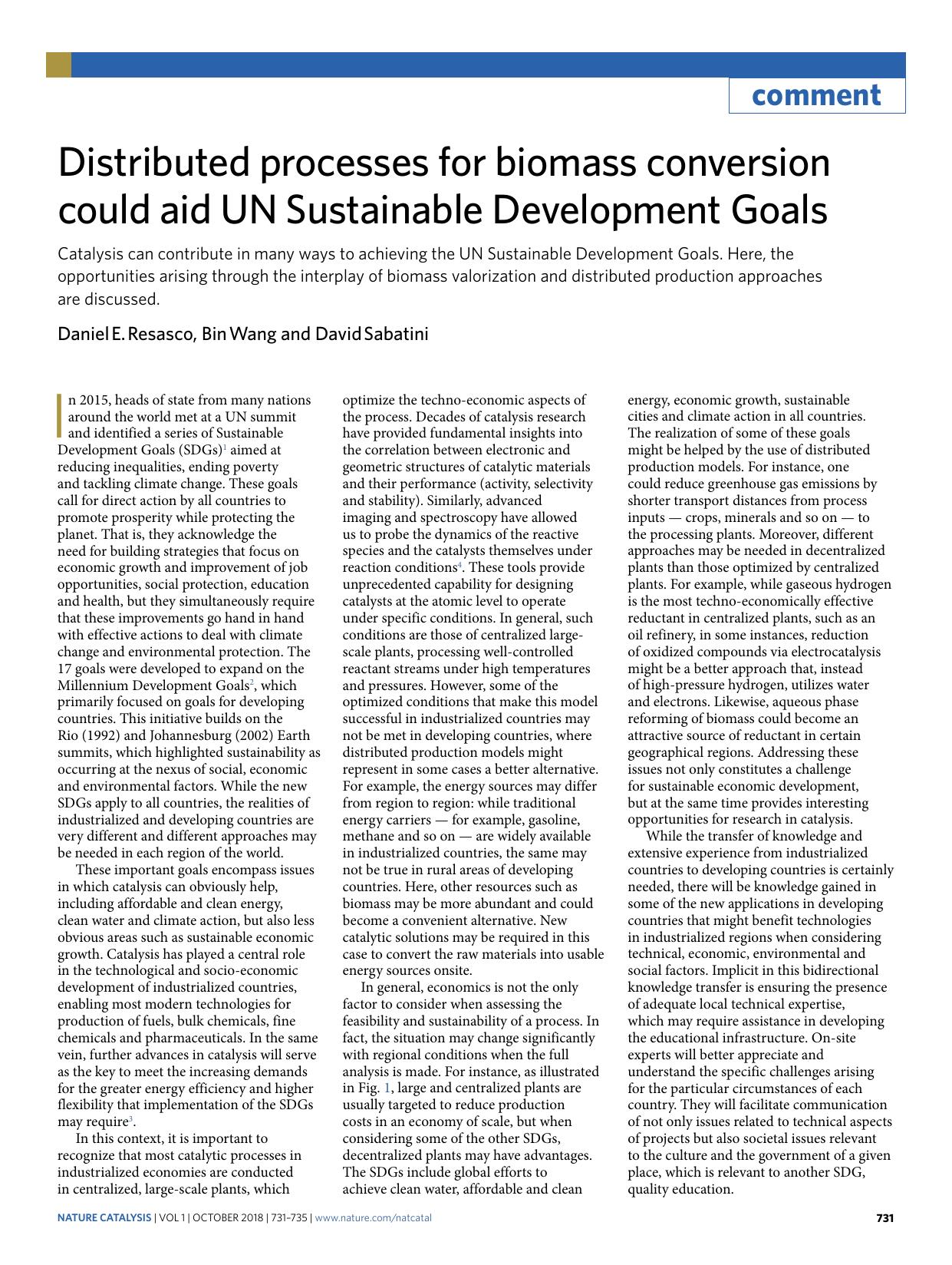 Distributed processes for biomass conversion could aid UN Sustainable Development Goals by Daniel E. Resasco & Bin Wang & David Sabatini