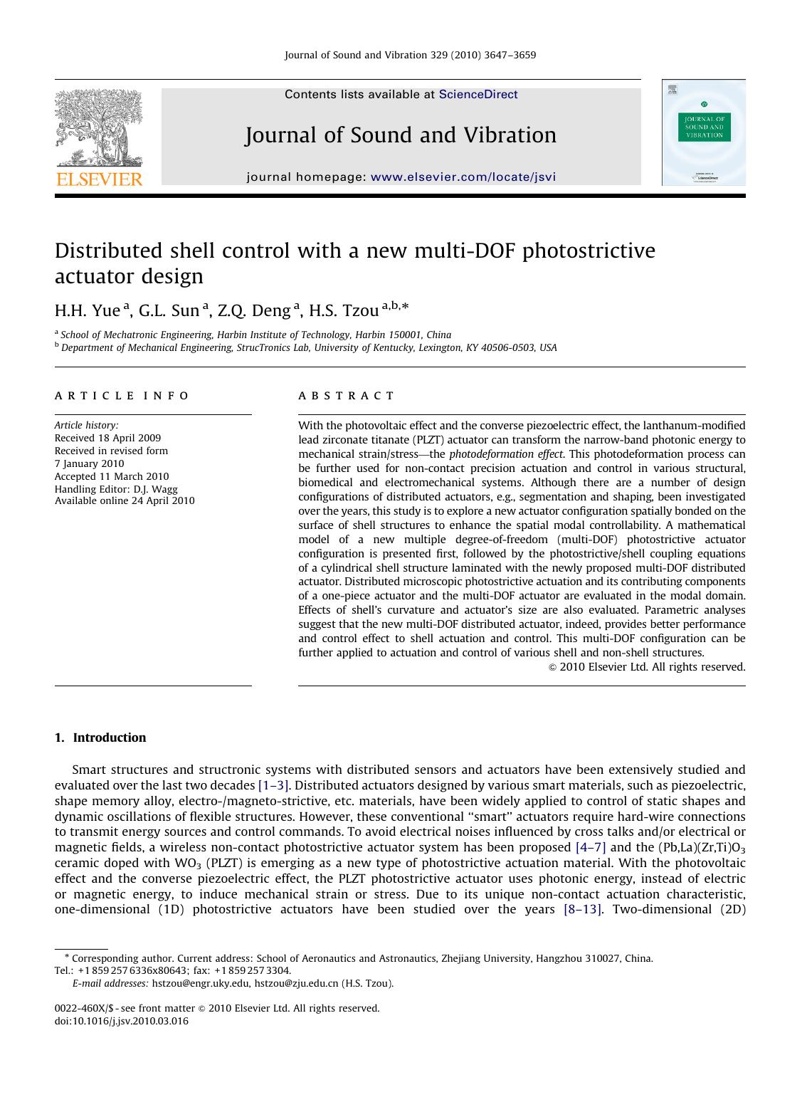 Distributed shell control with a new multi-DOF photostrictive actuator design by H.H. Yue; G.L. Sun; Z.Q. Deng; H.S. Tzou