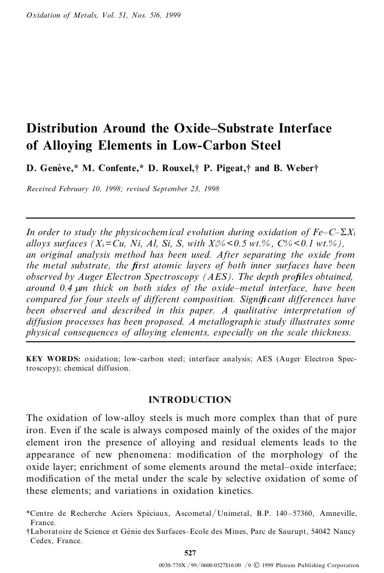 Distribution Around the Oxide-Substrate Interface of Alloying Elements in Low-Carbon Steel by Unknown