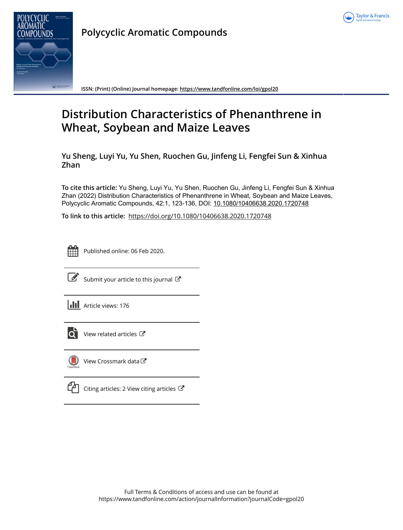Distribution Characteristics of Phenanthrene in Wheat, Soybean and Maize Leaves by Sheng Yu & Yu Luyi & Shen Yu & Gu Ruochen & Li Jinfeng & Sun Fengfei & Zhan Xinhua