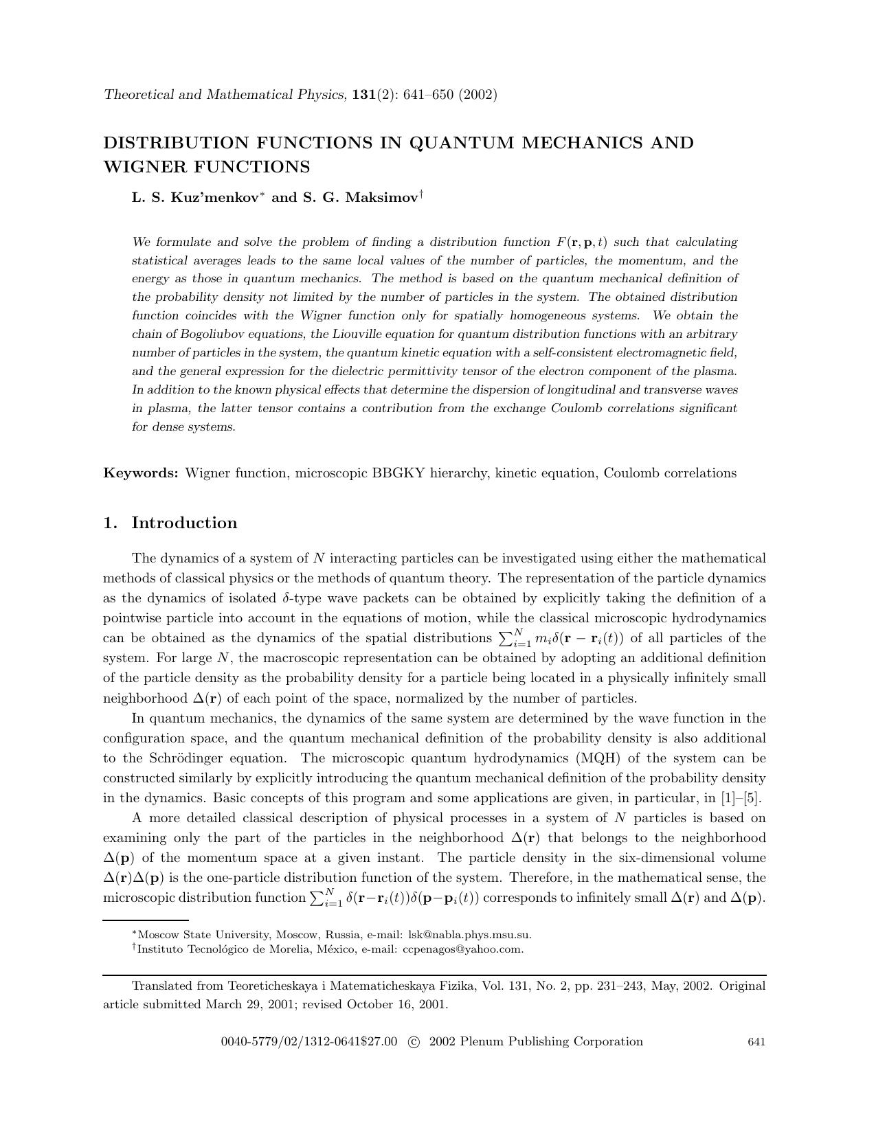 Distribution Functions in Quantum Mechanics and Wigner Functions by Unknown