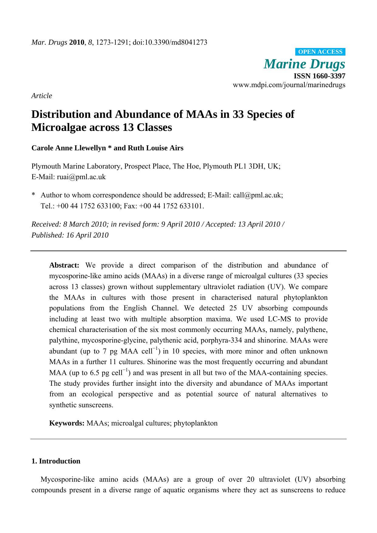 Distribution and Abundance of MAAs in 33 Species of Microalgae across 13 Classes by Carole Anne Llewellyn & Ruth Louise Airs