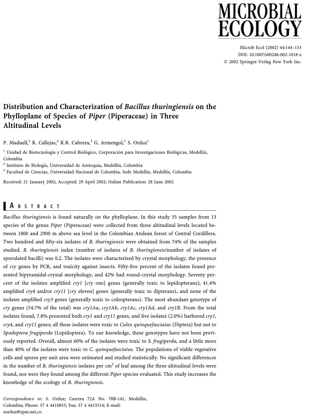 Distribution and Characterization of Bacillus thuringiensis on the Phylloplane of Species of Piper (Piperaceae) in Three Altitudinal Levels by Maduell P. et al
