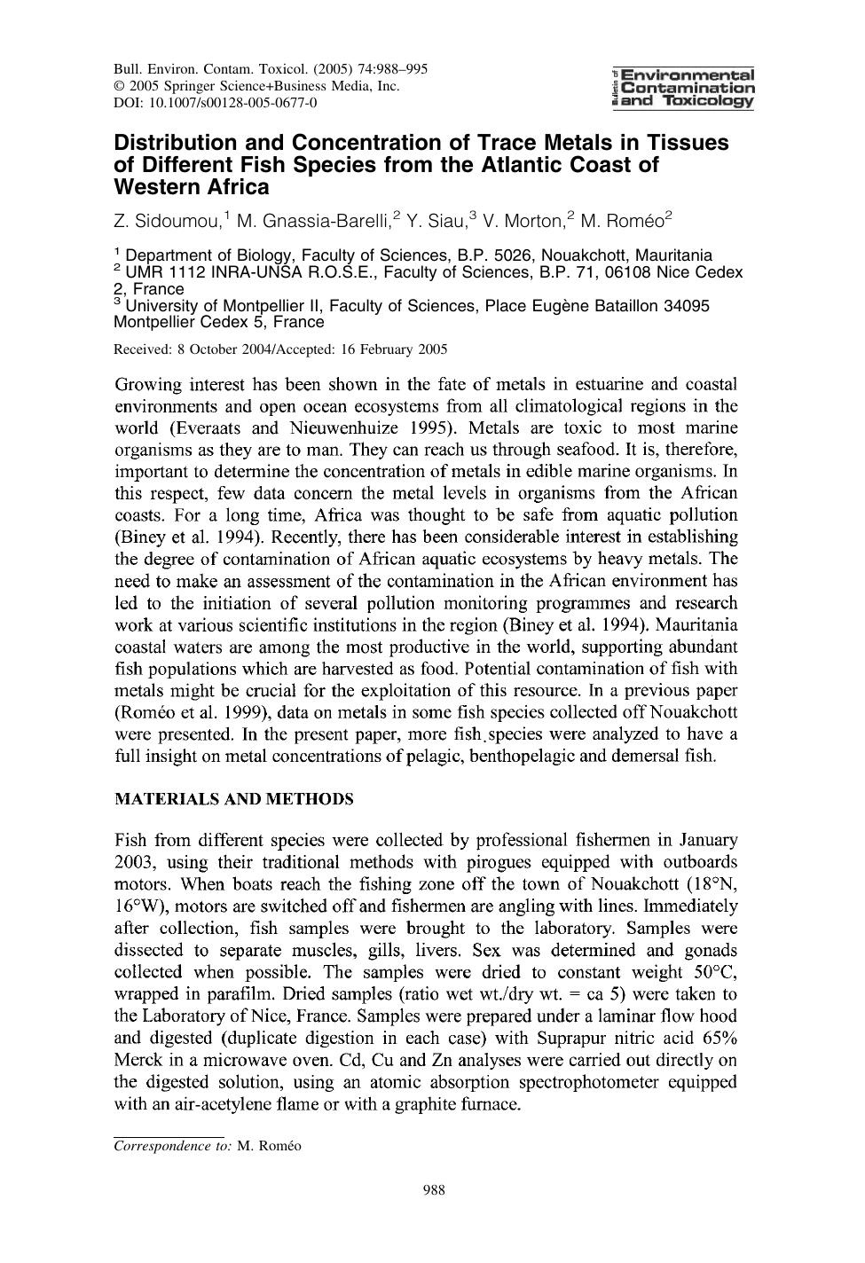 Distribution and Concentration of Trace Metals in Tissues by Sidoumou Z. et al