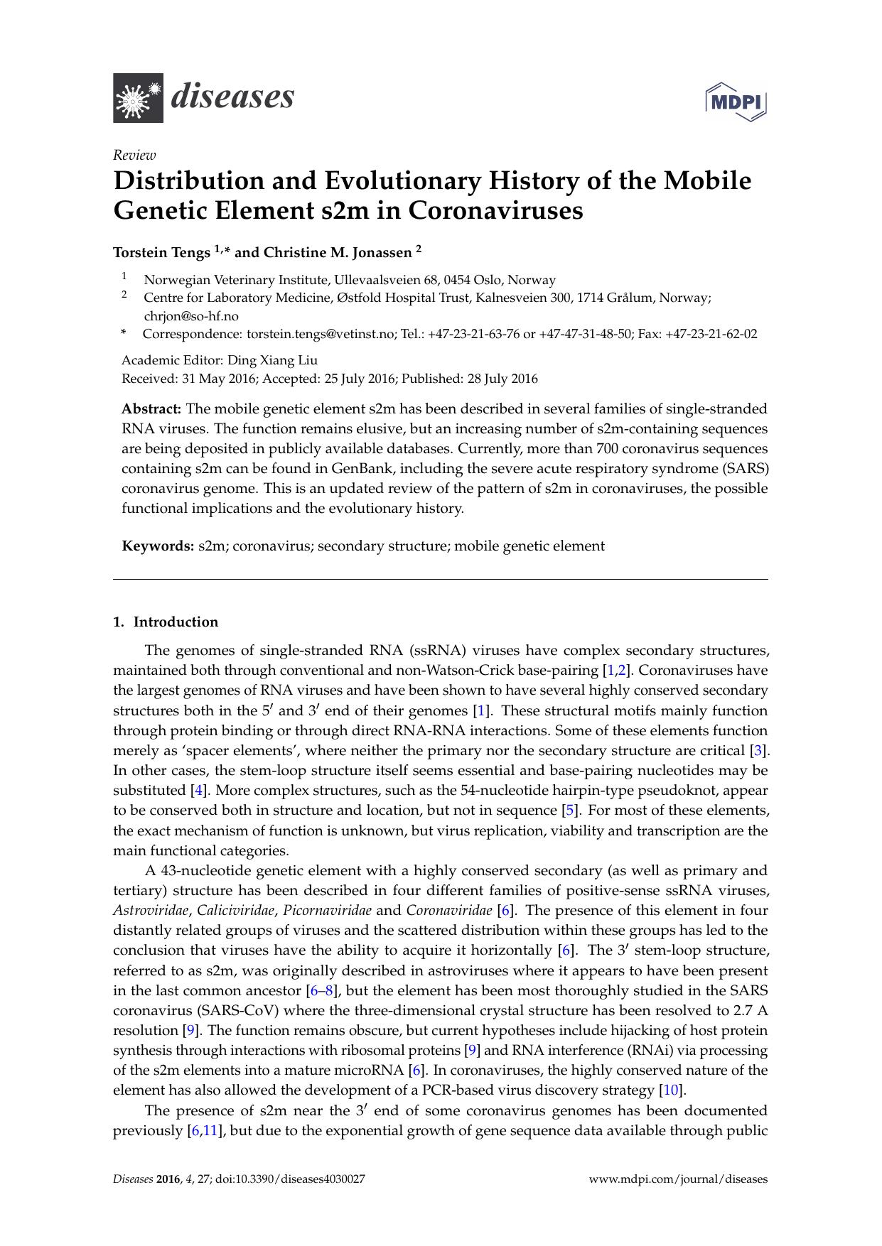 Distribution and Evolutionary History of the Mobile Genetic Element s2m in Coronaviruses by Torstein Tengs & Christine M. Jonassen