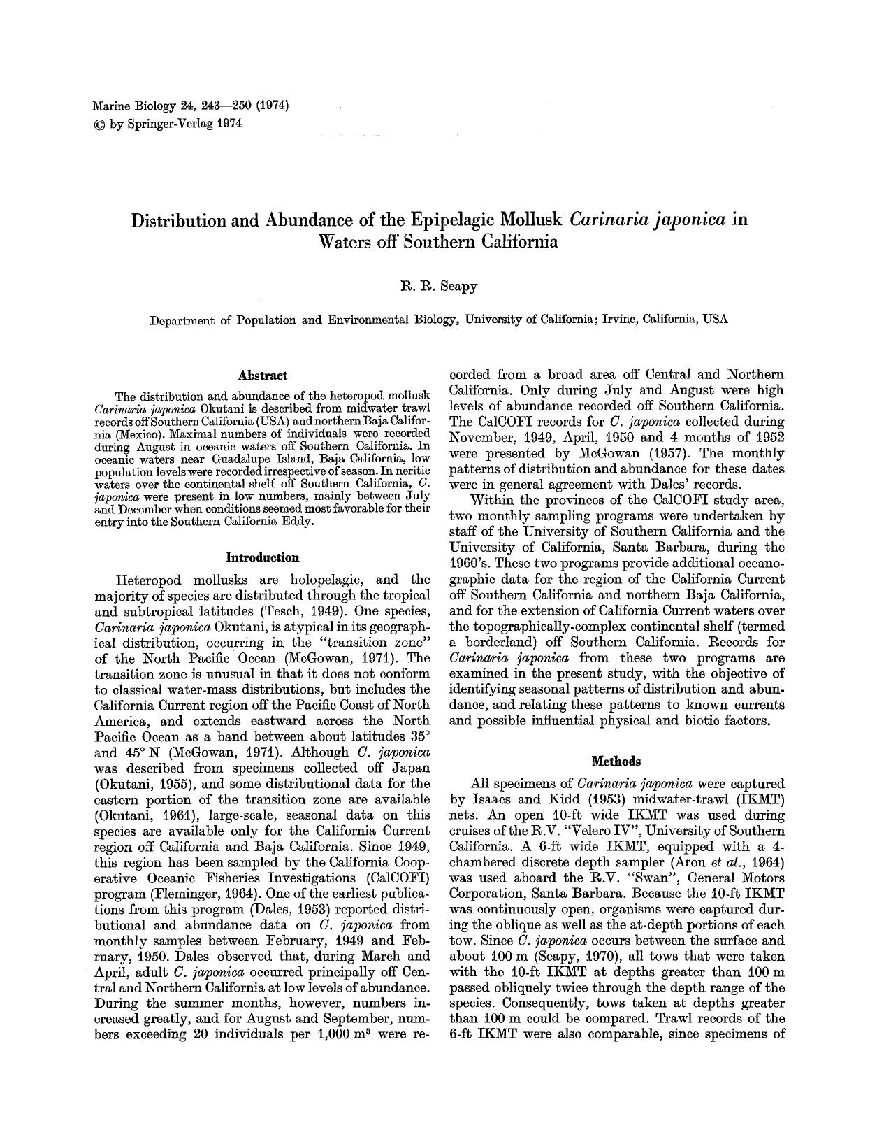 Distribution and abundance of the epipelagic mollusk <Emphasis Type="Italic">Carinaria japonica<Emphasis> in waters off Southern California by Unknown