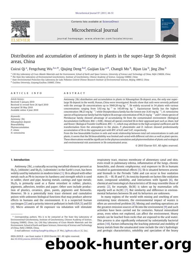 Distribution and accumulation of antimony in plants in the super-large Sb deposit areas, China by Cuicui Qi & Fengchang Wu & Qiujing Deng & Guijian Liu & Changli Mo & Bijun Liu & Jing Zhu
