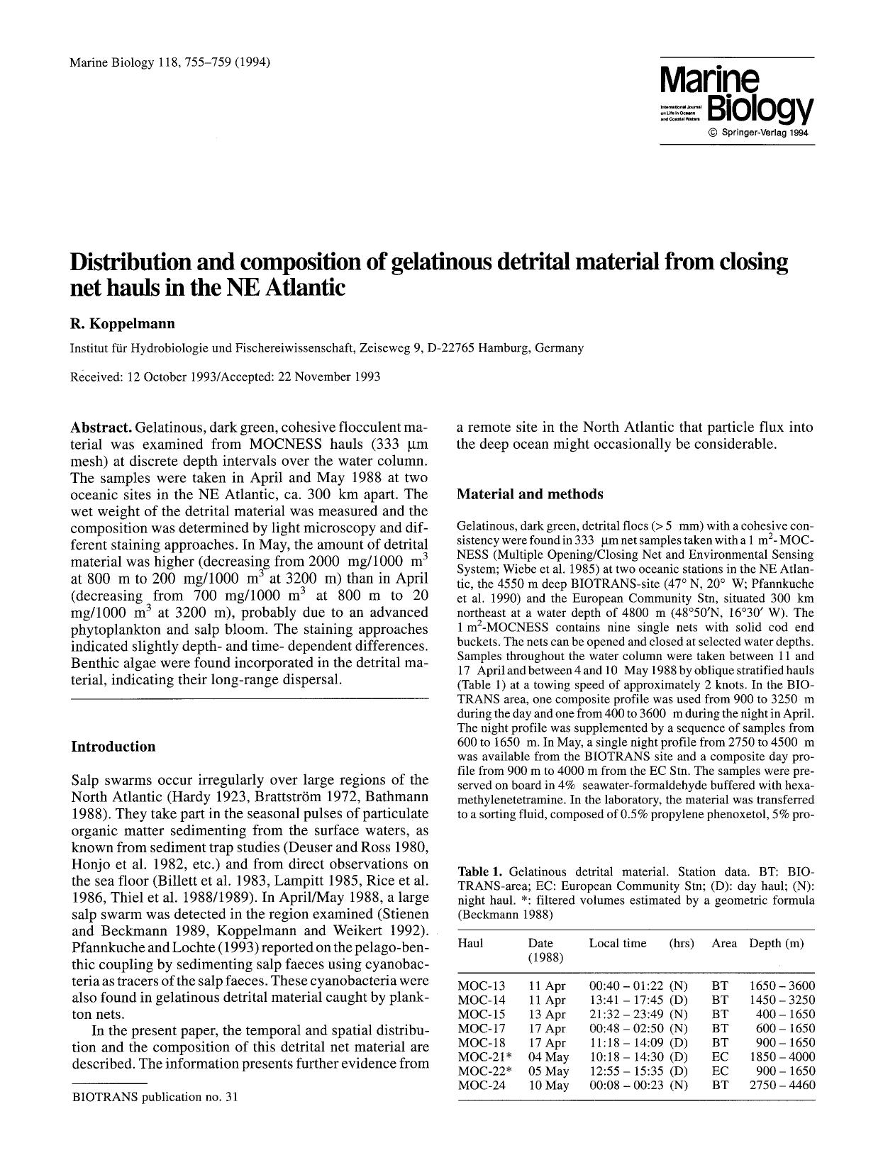 Distribution and composition of gelatinous detrital material from closing net hauls in the NE Atlantic by Unknown