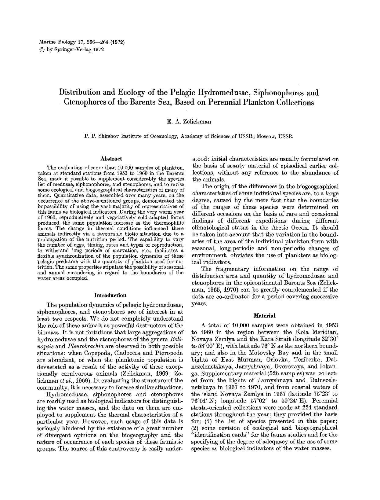 Distribution and ecology of the pelagic hydromedusae, siphonophores and ctenophores of the Barents Sea, based on perennial plankton collections by Unknown