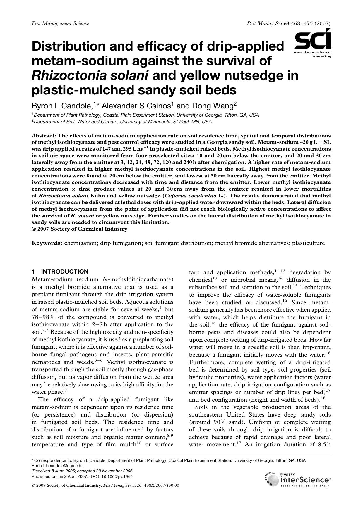 Distribution and efficacy of drip-applied metam-sodium against the survival of Rhizoctonia solani and yellow nutsedge in plastic-mulched sandy soil beds by Unknown