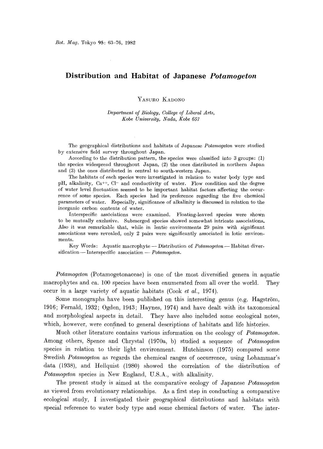 Distribution and habitat of Japanese <Emphasis Type="Italic">Potamogeton <Emphasis> by Unknown
