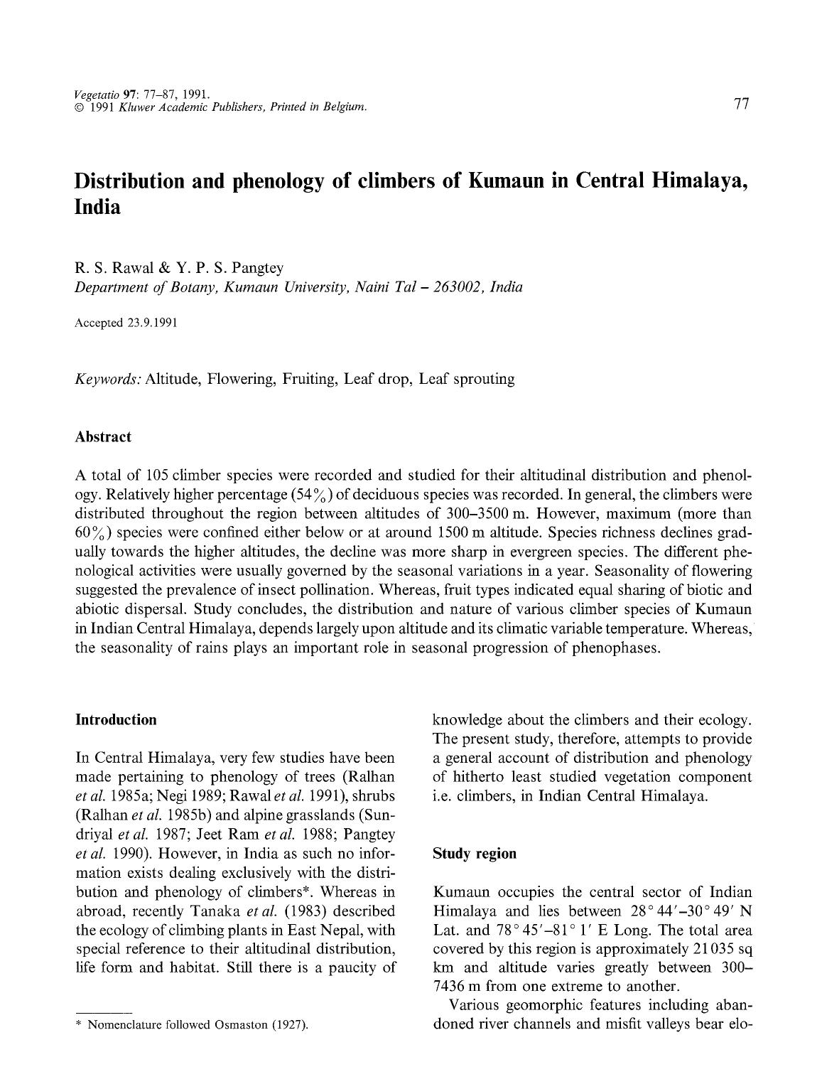 Distribution and phenology of climbers of Kumaun in Central Himalaya, India by Unknown