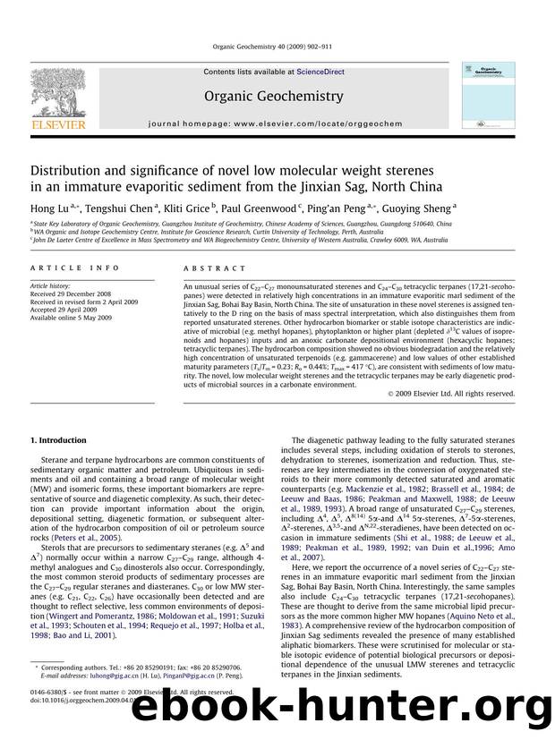 Distribution and significance of novel low molecular weight sterenes in an immature evaporitic sediment from the Jinxian Sag, North China by Hong Lu; Tengshui Chen; Kliti Grice; Paul Greenwood; Ping’an Peng; Guoying Sheng