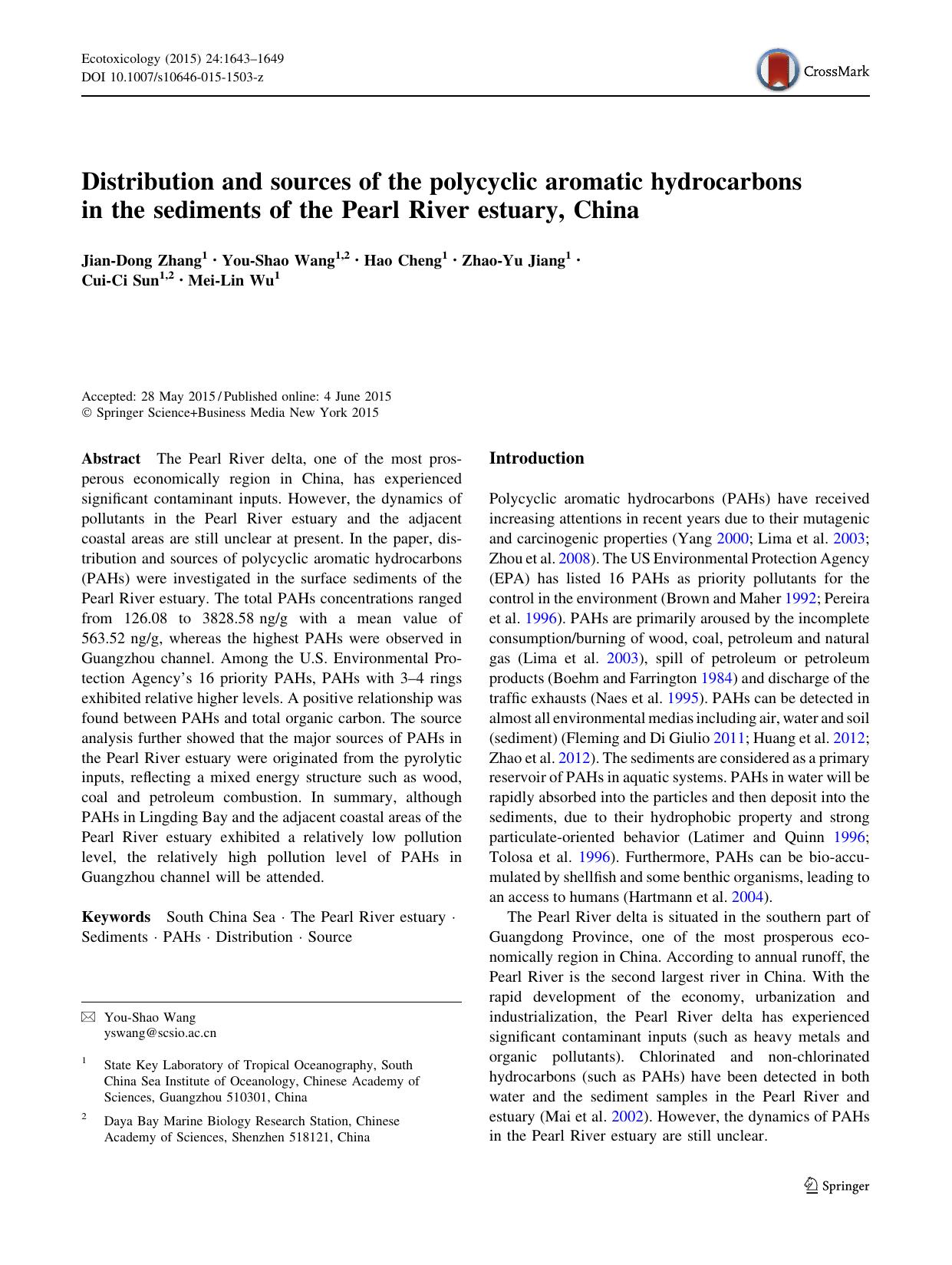 Distribution and sources of the polycyclic aromatic hydrocarbons in the sediments of the Pearl River estuary, China by Jian-Dong Zhang & You-Shao Wang & Hao Cheng & Zhao-Yu Jiang & Cui-Ci Sun & Mei-Lin Wu