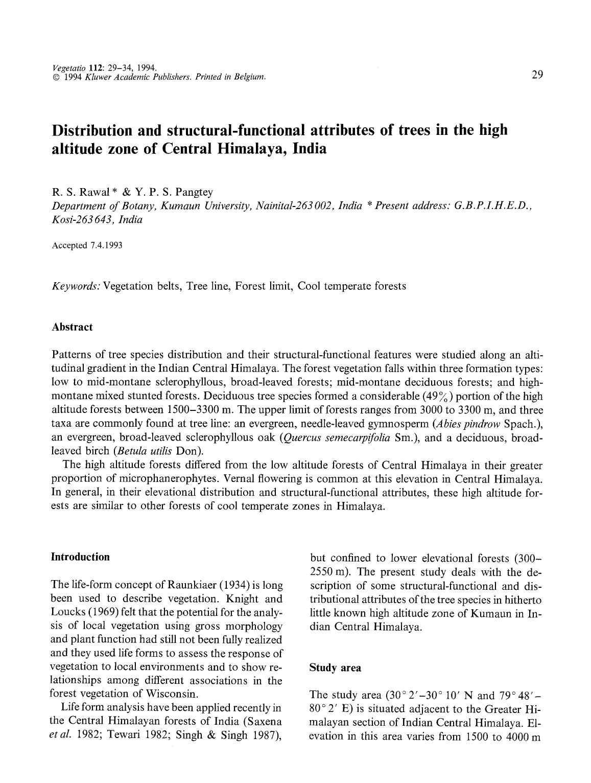 Distribution and structural-functional attributes of trees in the high altitude zone of Central Himalaya, India by Unknown