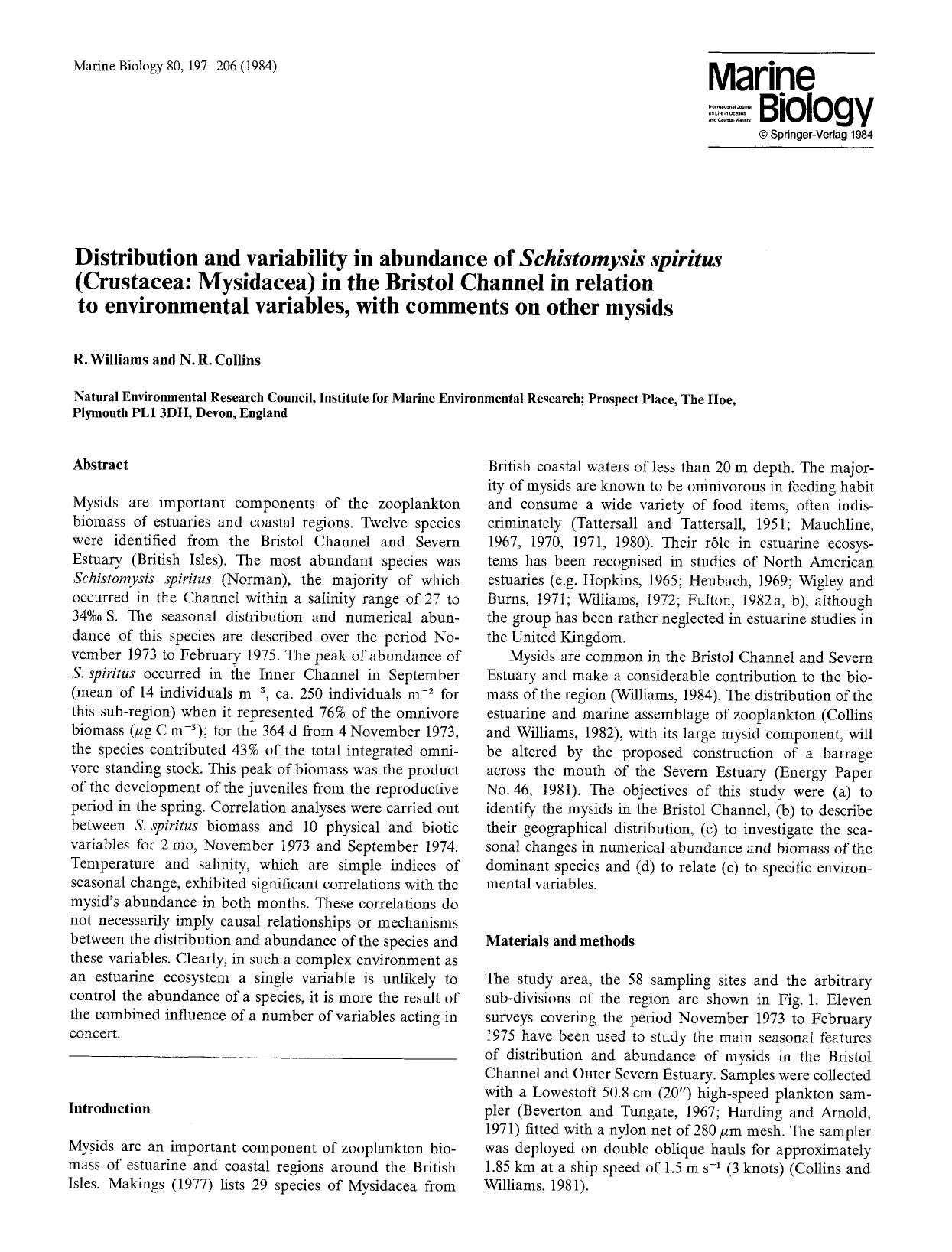 Distribution and variability in abundance of <Emphasis Type="Italic">Schistomysis spiritus <Emphasis> (Crustacea: Mysidacea) in the Bristol Channel in relation to environmental var by Unknown