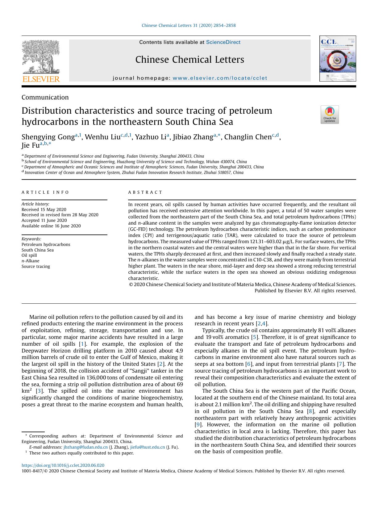 Distribution characteristics and source tracing of petroleum hydrocarbons in the northeastern South China Sea by Shengying Gong & Wenhu Liu & Yazhuo Li & Jibiao Zhang & Changlin Chen & Jie Fu