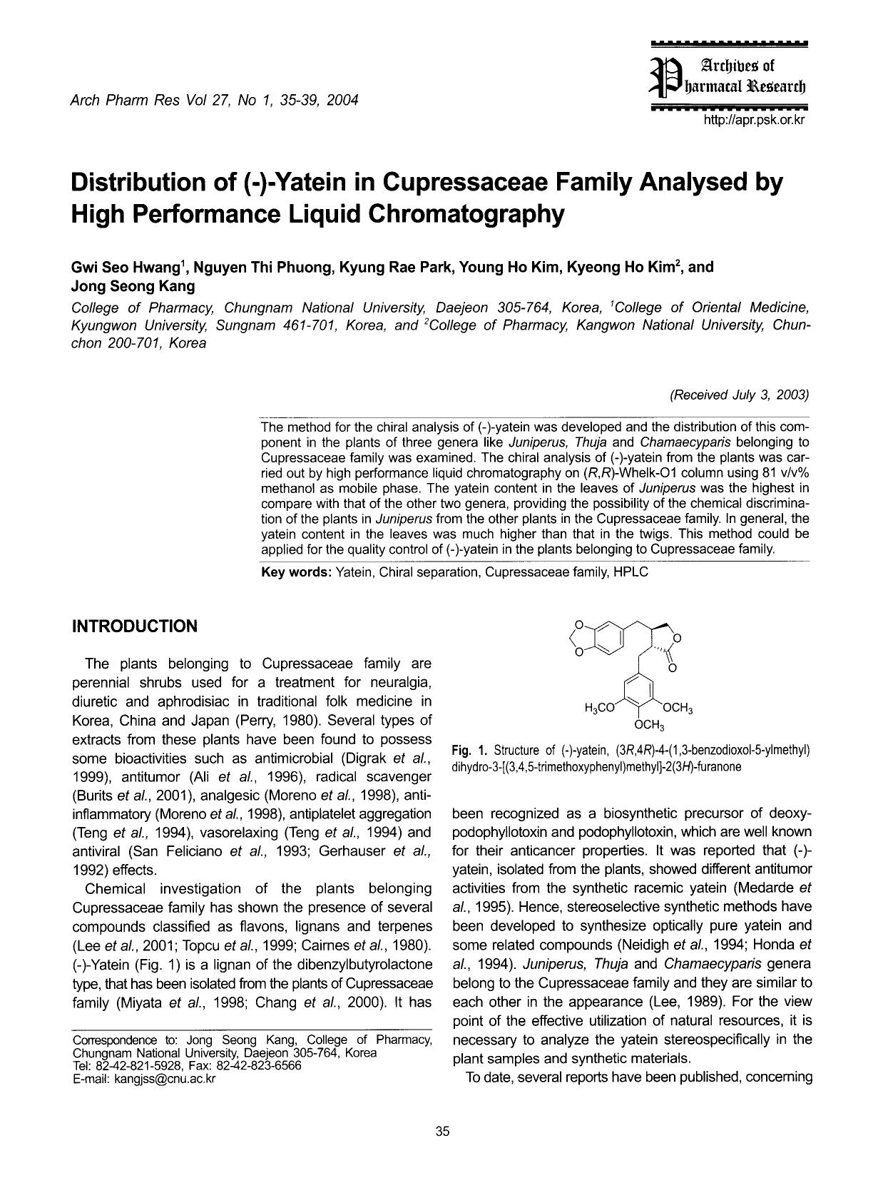 Distribution of (−)-yatein in cupressaceae family analysed by high performance liquid chromatography by Unknown
