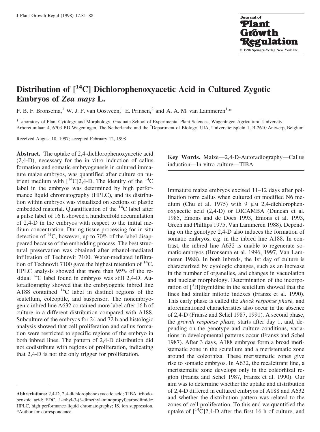Distribution of [14C] Dichlorophenoxyacetic Acid in Cultured Zygotic Embryos of Zea mays L. by Bronsema F. et al