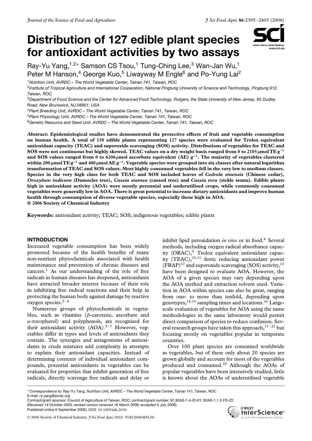 Distribution of 127 edible plant species for antioxidant activities by two assays by Unknown