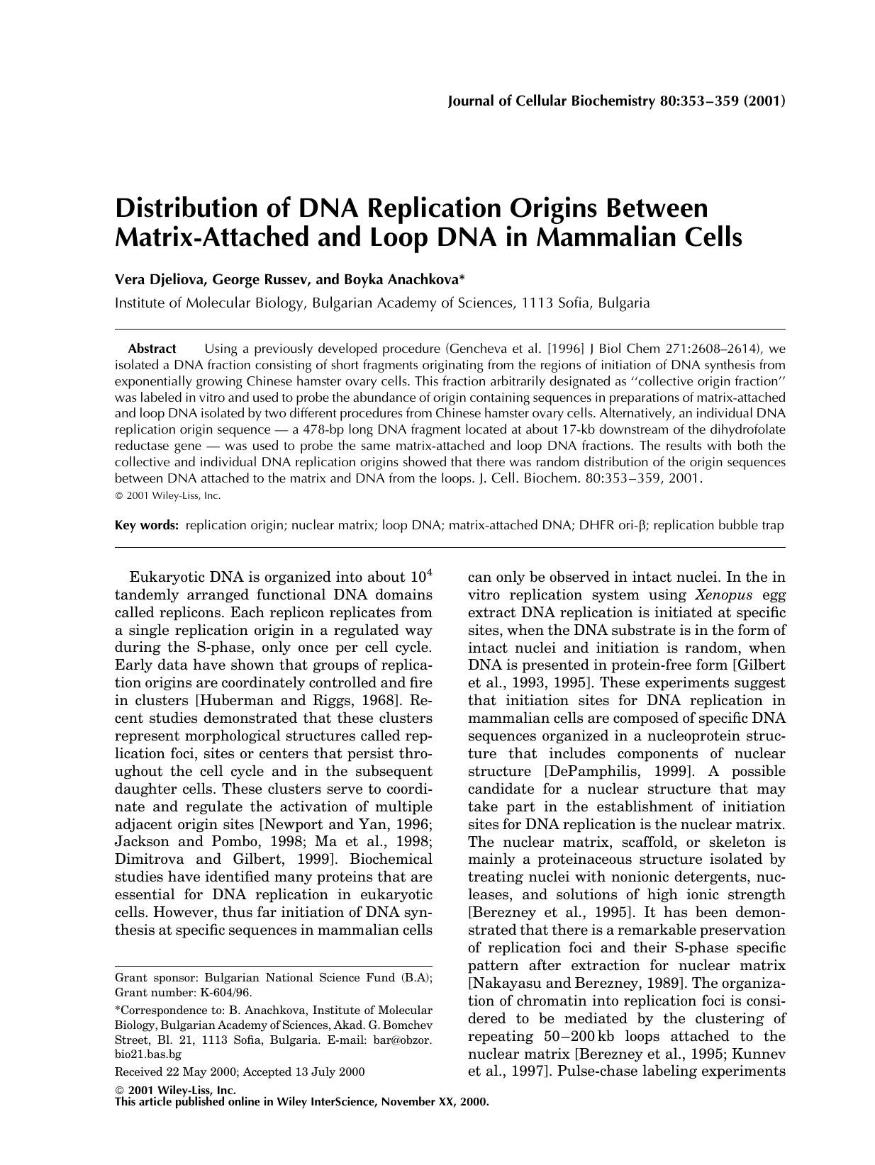 Distribution of DNA replication origins between matrix-attached and loop DNA in mammalian cells by Unknown