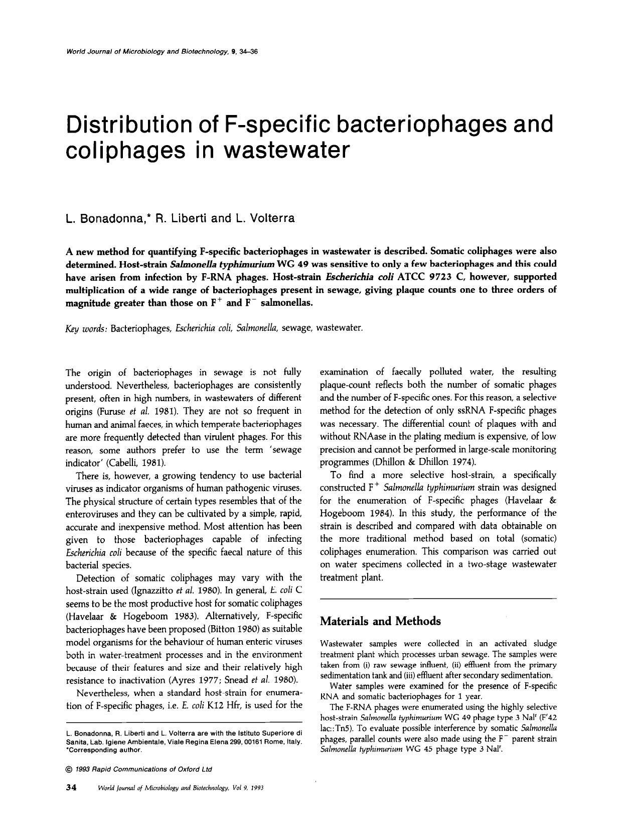 Distribution of F-specific bacteriophages and coliphages in wastewater by Unknown