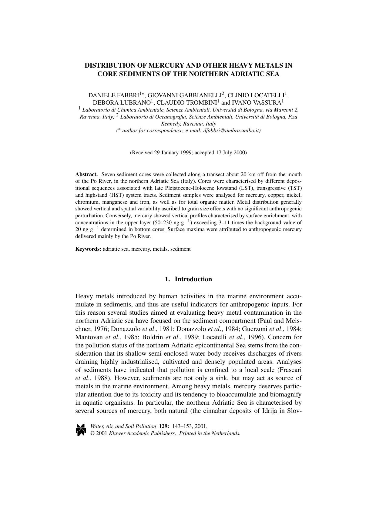 Distribution of Mercury and Other Heavy Metals in Core Sediments of the Northern Adriatic Sea by Unknown