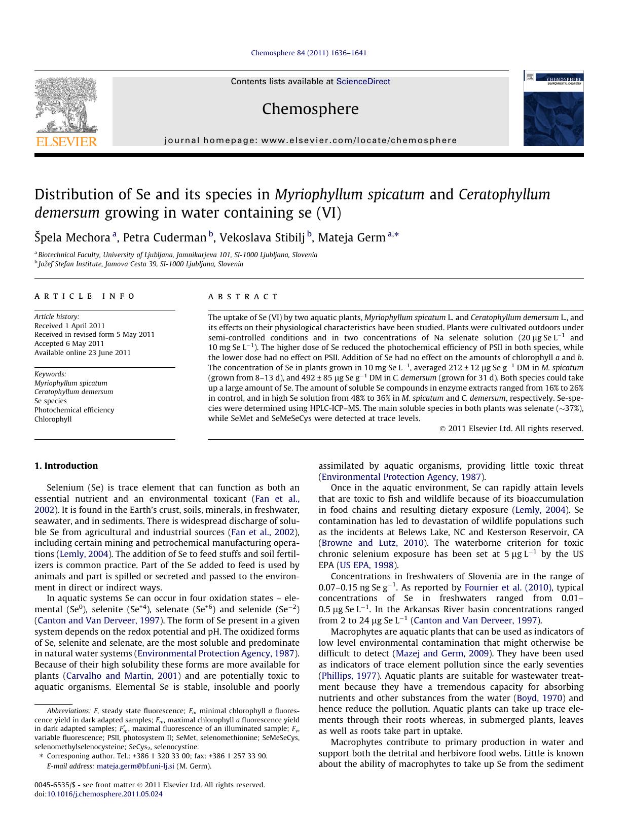 Distribution of Se and its species in Myriophyllum spicatum and Ceratophyllum demersum growing in water containing se (VI) by Å pela Mechora & Petra Cuderman & Vekoslava Stibilj & Mateja Germ
