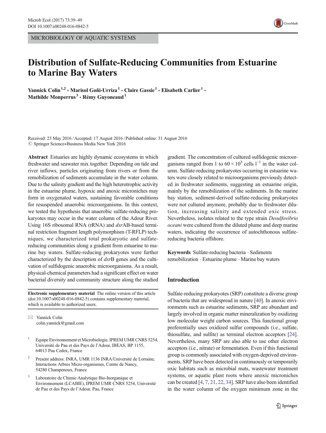 Distribution of Sulfate-Reducing Communities from Estuarine to Marine Bay Waters by unknow