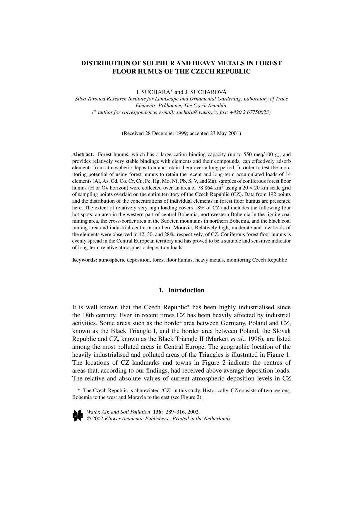 Distribution of Sulphur and Heavy Metals in Forest Floor Humus of the Czech Republic by Unknown
