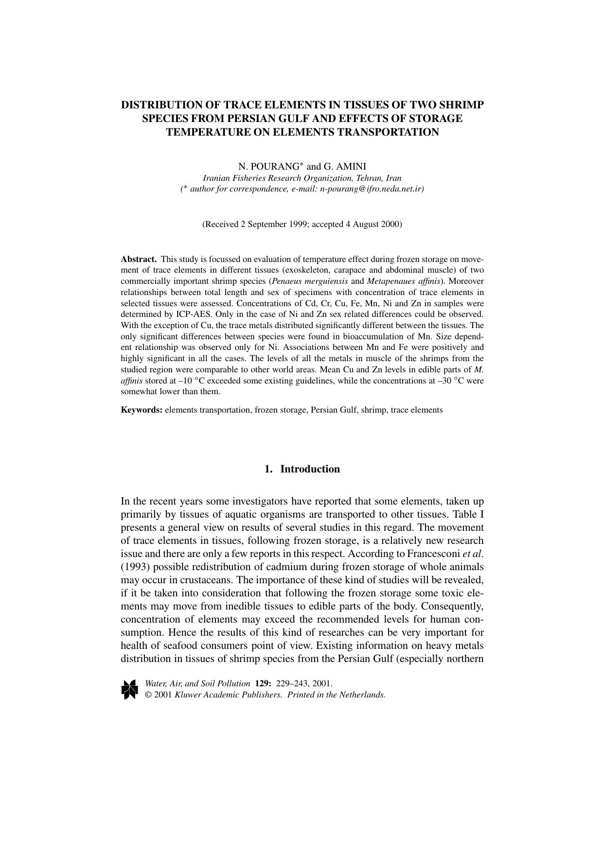 Distribution of Trace Elements in Tissues of Two Shrimp Species from Persian Gulf and Effects of Storage Temperature on Elements Transportation by Unknown