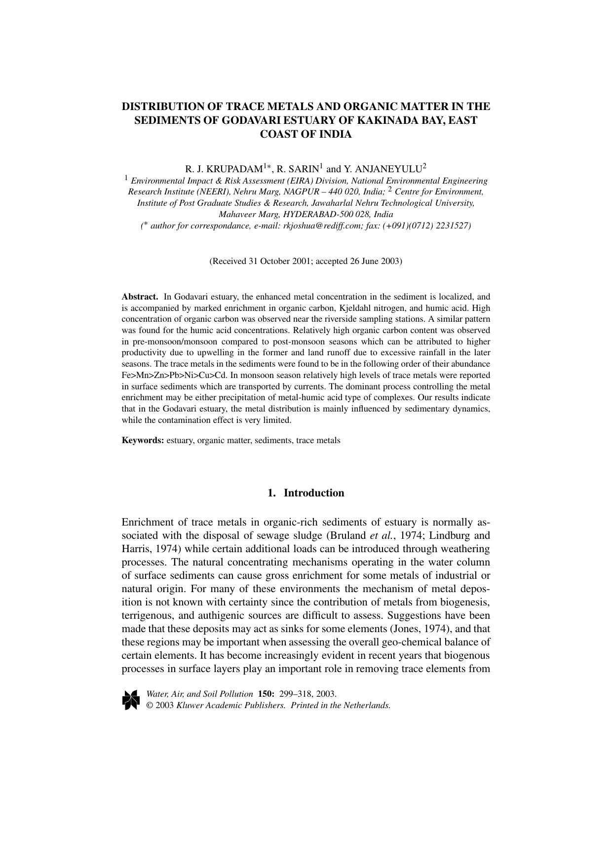 Distribution of Trace Metals and Organic Matter in the Sediments of Godavari Estuary of Kakinada Bay, East Coast of India by Unknown