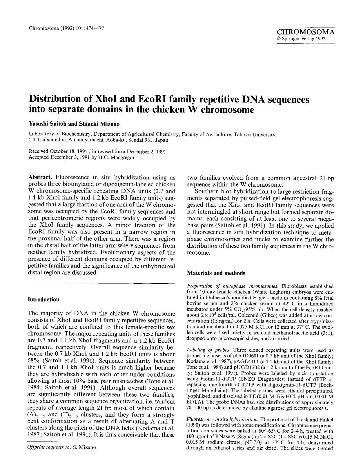 Distribution of XhoI and EcoRI family repetitive DNA sequences into separate domains in the chicken W chromosome by Unknown