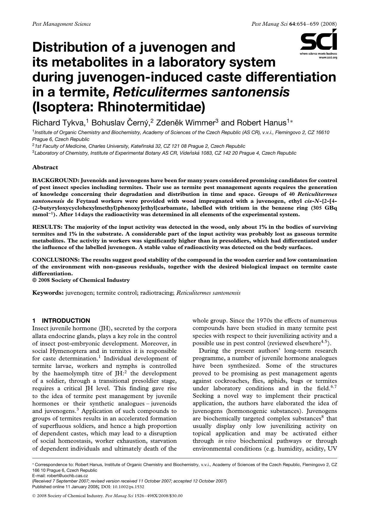 Distribution of a juvenogen and its metabolites in a laboratory system during juvenogen-induced caste differentiation in a termite, Reticulitermes santonensis (Isoptera: Rhinotermitidae) by Unknown
